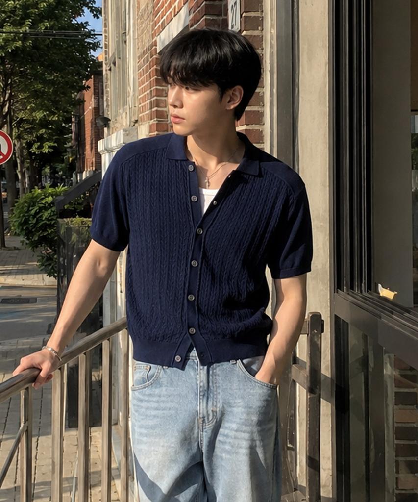 ECORR Front Cable Cropped Short Sleeve Knit Cardigan_Navy