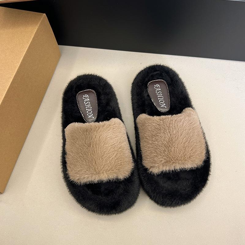 

Mao Mao slippers women s outer wear 2025 autumn and winter new flat-bottomed comfortable fashion soft Mao Mao one-word thick-bottomed home slippers 40 хаки