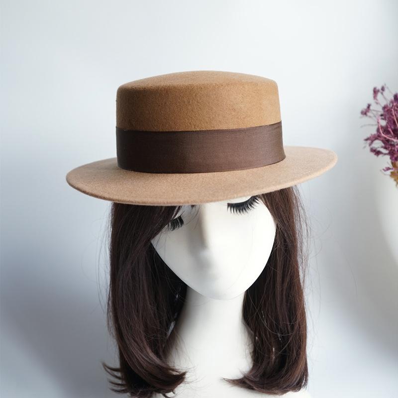 French Elegance Gradual Change Camel Color Matching Retro British Wool Woolen Flat Top Top Hat Women Autumn And Winter Felt Wide Brim Japanese