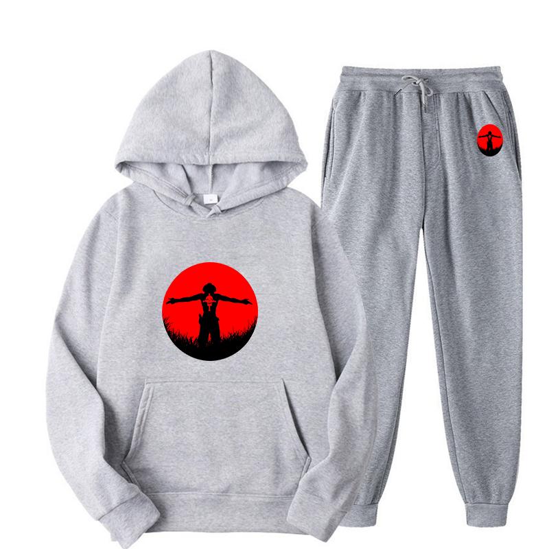 Redroundart Men Hoodie & Jogger Set, Trendy Figure Silhouette Within Red Circle Art Print, Thick Fleece Sport Two Piece Set for Street Leisure