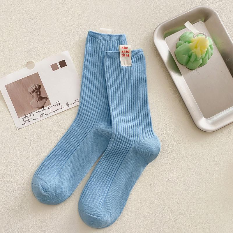 Internet Celebrity She Cloth Label Double Needle Socks Medium Socks Solid Color Stacked Socks