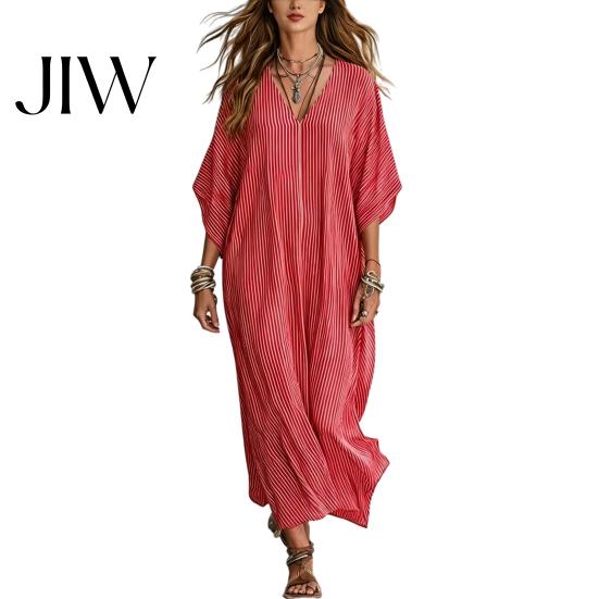 Comfortable Casual Dress Women V-Neck Striped Dress, Summer Half Sleeve Ankle Daily Length Loose Swing for Beach Vacation Wear V-neck M красный