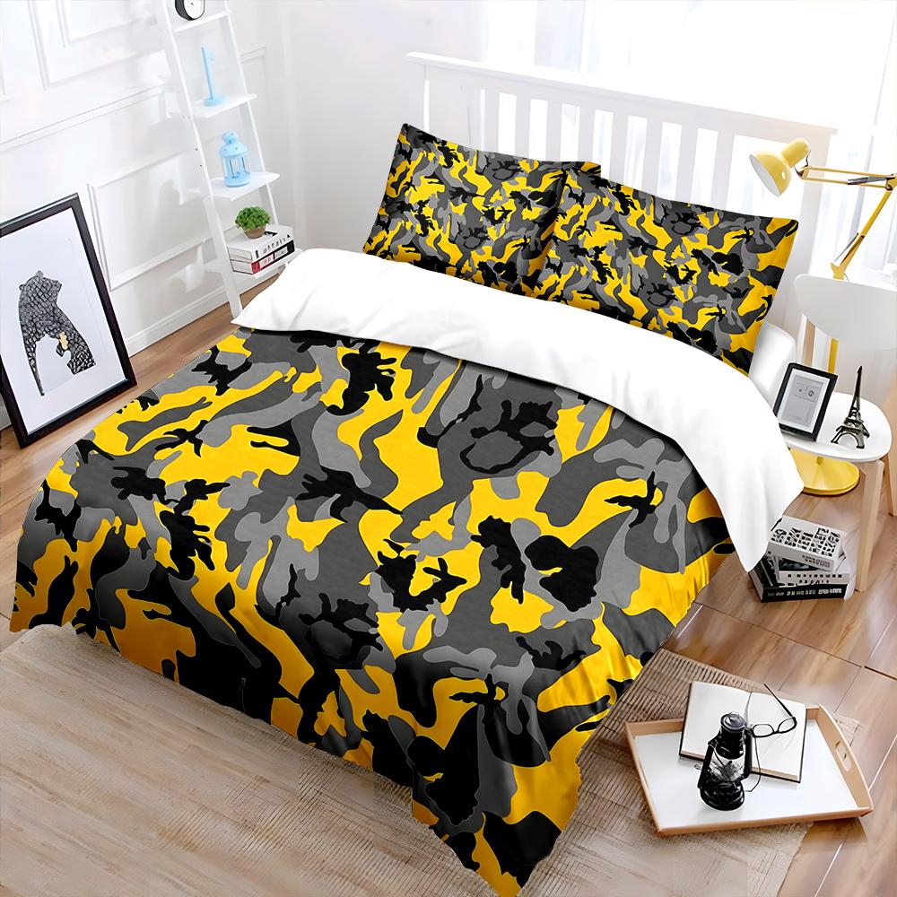 Yellow Background with Black-gray Camouflage Bedding Set for Kids Luxury Gift 3pcs Digital Print Comforter Set Soft Comfortable