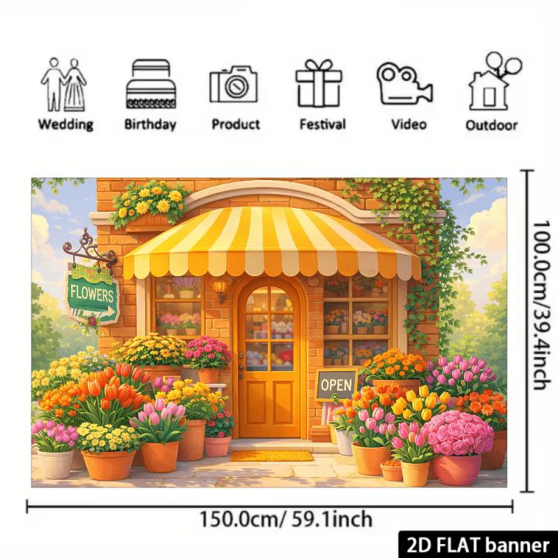 2D Colorful Tulip & Rose Flower Shop Banner, Yellow Awning Florist Wall Hanging for Photo Booth