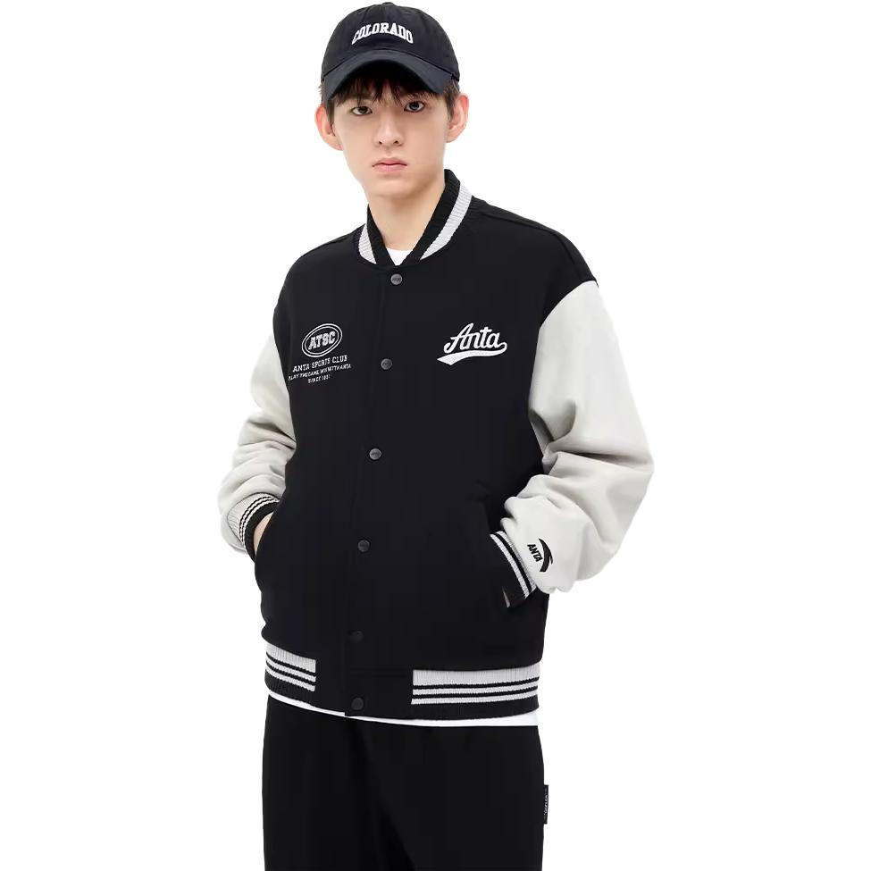 Anta Life Series Letter Splicing Single-Breasted Thickened Fleece Baseball Jacket Men Jacket Basic-Black 152348726-3