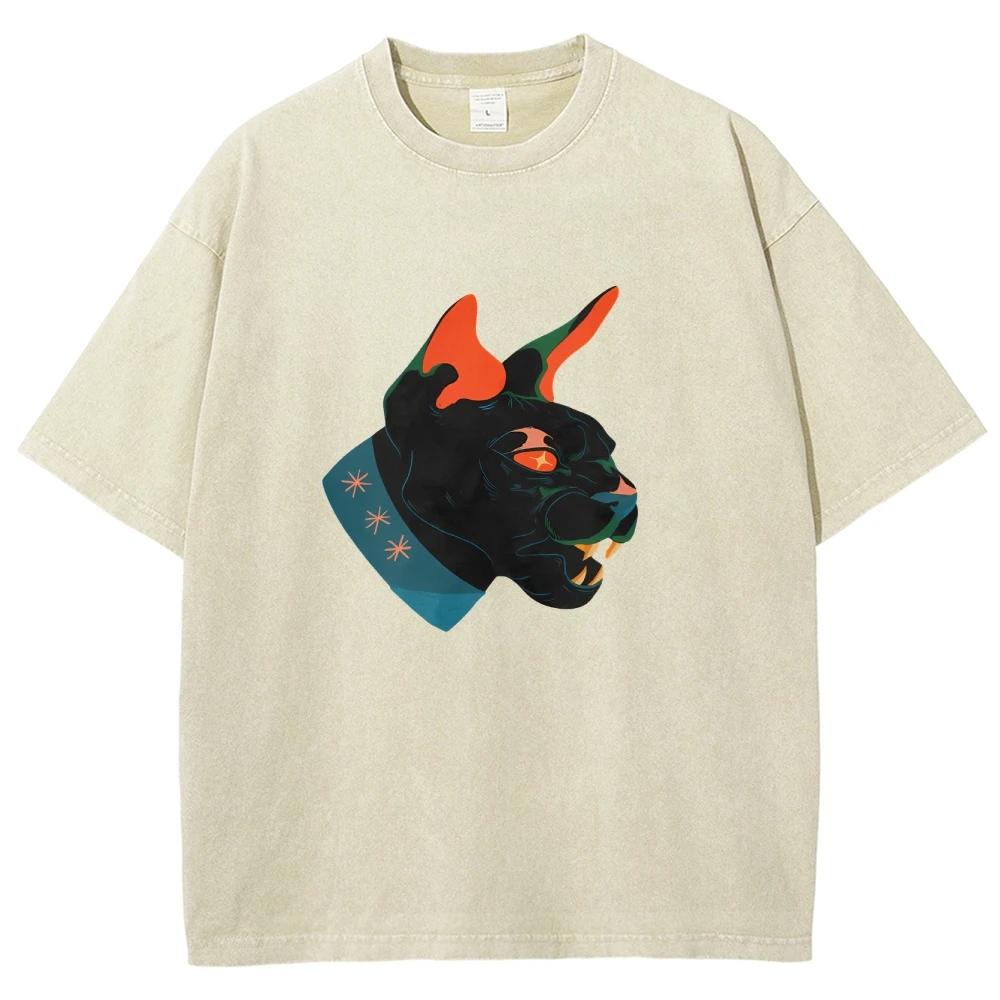 Unisex Fit Washed T-Shirt Cool Cat Tees Shirts Men Women Short Sleeve T-shirts Cotton Oversized Y2K T-shirt Streetwear