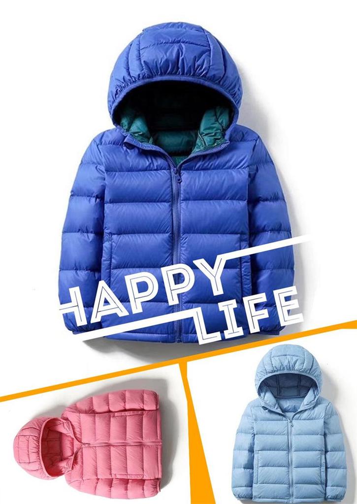 Children's Lightweight Hooded Down Jacket - Solid Color, Winter Style, 90% Down, Medium & Large Sizes