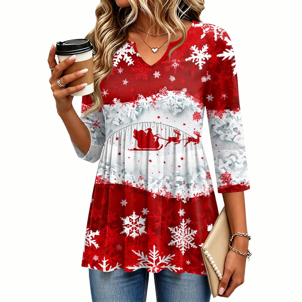 Women's Fashion Casual Christmas Print V-Neck Three-Quarter Sleeve Blouse