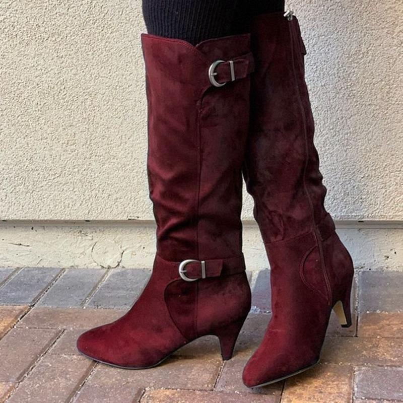New Arrival Knee High Boots Thin Heel Square Toe Comfortable Ladies Shoes Winter Solid Buckle Women Boots Zip Heel Boots