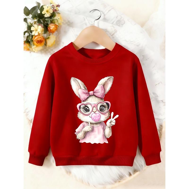 Unisex Kids Crewneck Sweatshirt, Cute Pink Bow Bunny Heart Glasses Peace Sign Print Pullover, Boys Girls Easter Sweatshirt For Kids Over 4 Years Old