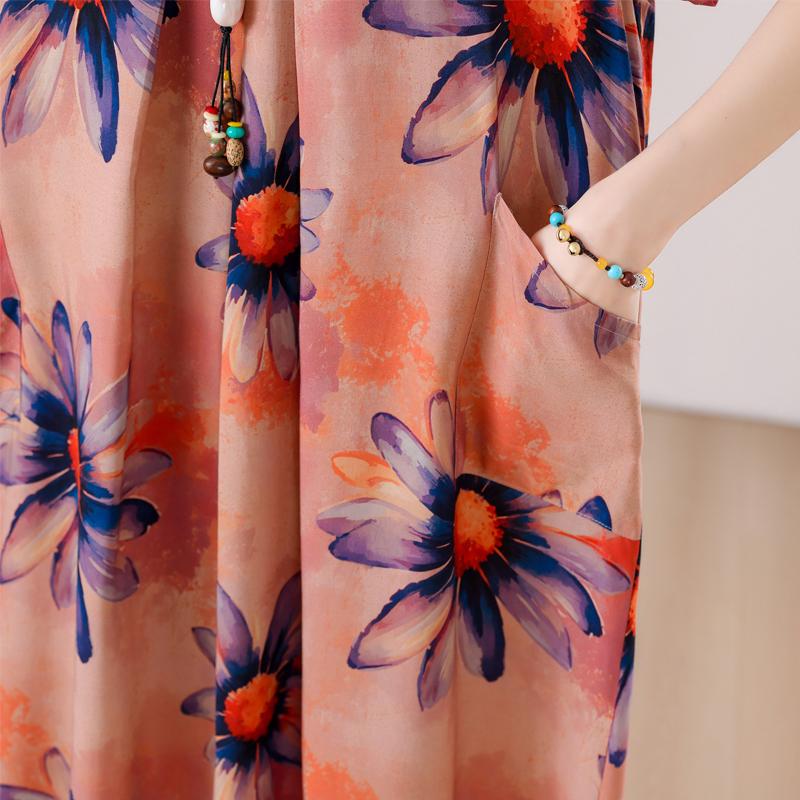 Übergröße, langes Sommerkleid mit Vintage-Druck für Damen, elegantes, kurzärmeliges, lockeres Sommerkleid in Übergröße