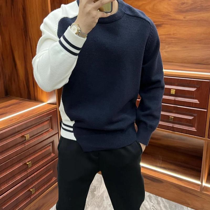 Koreanische Mode Herbstpullover Herren O-Ausschnitt Kontrastfarbe Patchwork Lässig Langarm Überzieher Locker Gestrickte Oberteile