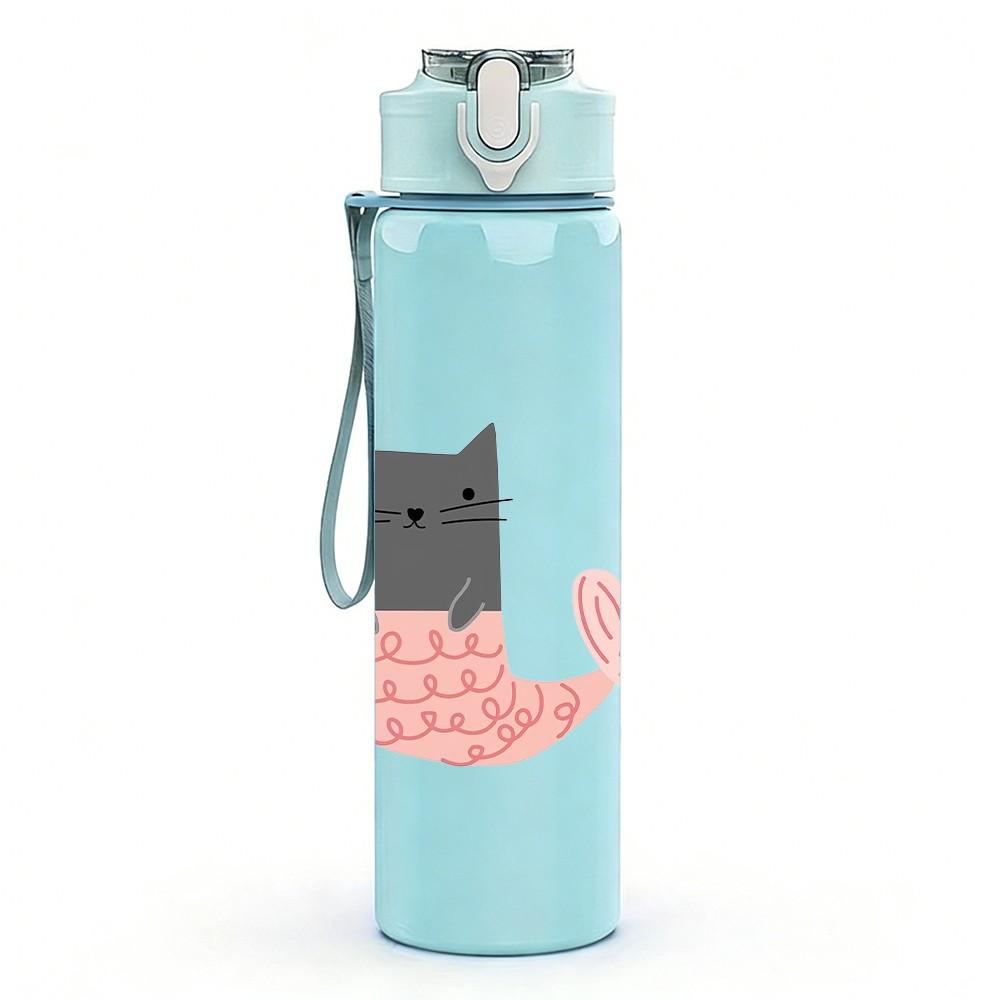 1PC Mermaid Cat Character Pattern 750ml Color Plastic Sports Water Bottle Leakproof Flip Straw Lid Suitable for Sports Office Home Use