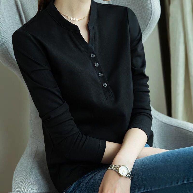 

Футболка с длинными рукавами для женщин на весну и осень, свободный крой, большой размер, футболка корейской версии, универсальный женский топ с V-образным вырезом L чёрный