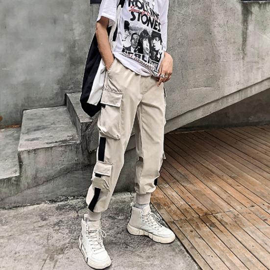Women Loose Cargo Pants Multi Pockets Elastic Waist Casual Lady Trousers Plus Size
