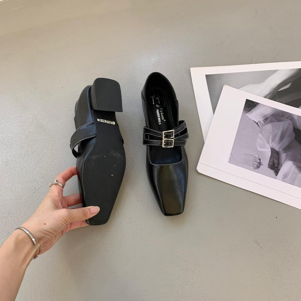 2025 Spring New with Skirt Women's French Feeling Thick Heel Square Head Mary Jane Shoes Small Shallow Mouth Evening Shoes