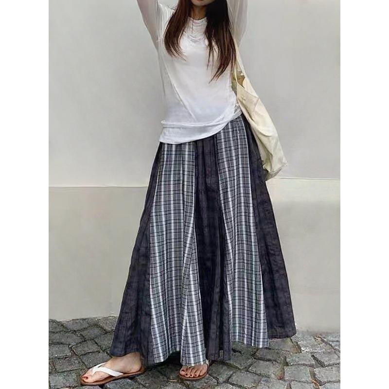 

Niche splicing striped skirt women s autumn elastic high waist thin wandering style retro casual plaid medium and long skirt one size fits all серый