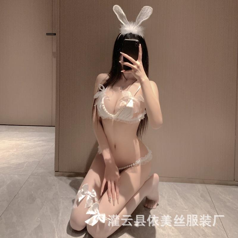 Sexy underwear women's lace three-point small chest shows big pearl temptation thong passion free