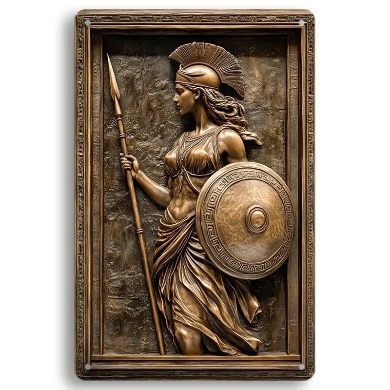 Двумерный винтажный бронзовый металлический жестяной знак с изображением греческой богини - Декоративная настенная табличка со щитом и копьем 20x30cm