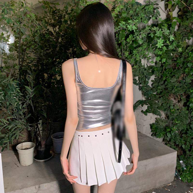 Women Crop Top Silver Slim Sleeveless Camisole Top