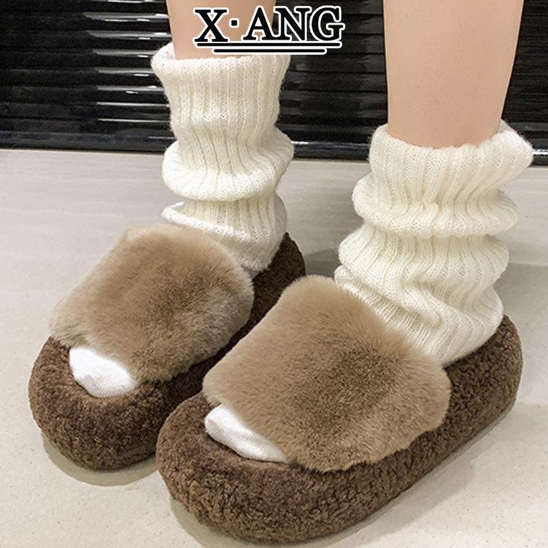 Wunderschöne flauschige Hausschuhe aus echtem Kaninchenfell für Damen zum Tragen im Herbst und Winter, neue flauschige Baumwoll-Schlappen mit dicker Sohle