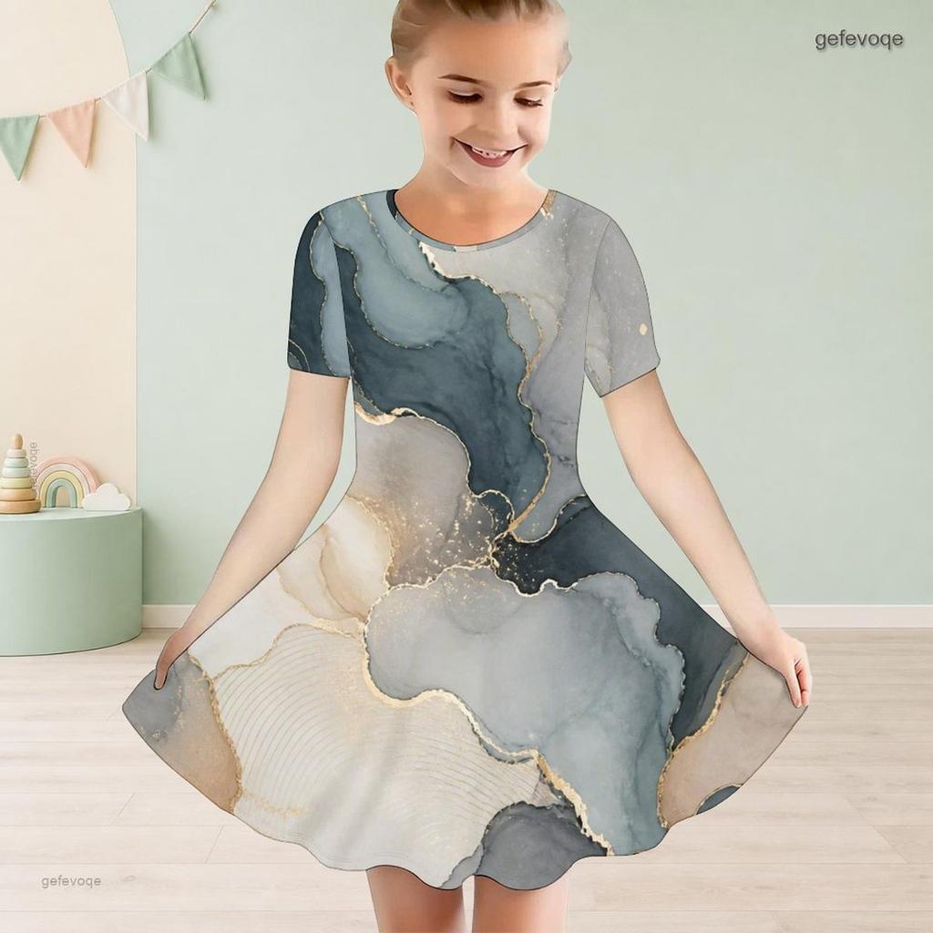 Girls Round Neck Short Sleeve Abstract Marble Printed A Line Flared Dress