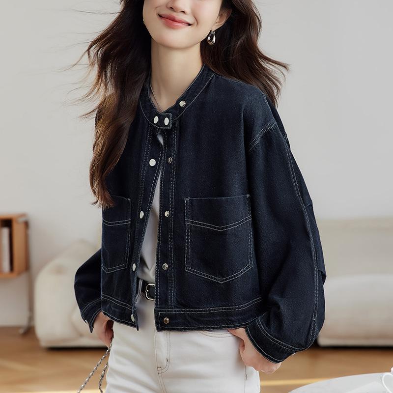 Round Neck Denim Short Jacket for Women Long Sleeve Spring and Autumn Clothes Updated Small Design Top