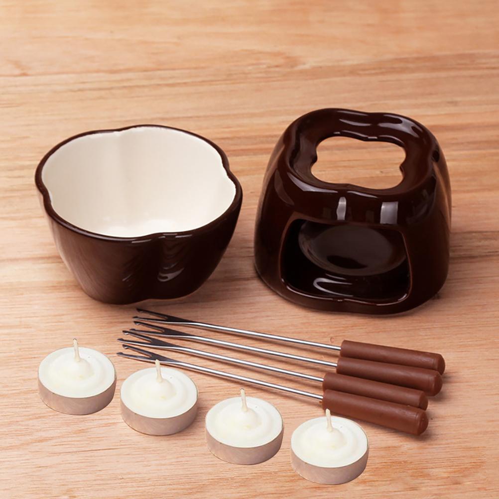 Chocolate Fondue Set Ceramic Pot with 4 Forks & Candles
