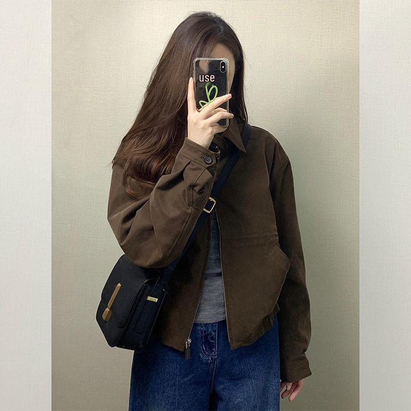 2025 Autumn/Winter Women's Coffee Zipper Cardigan Motorcycle Jacket