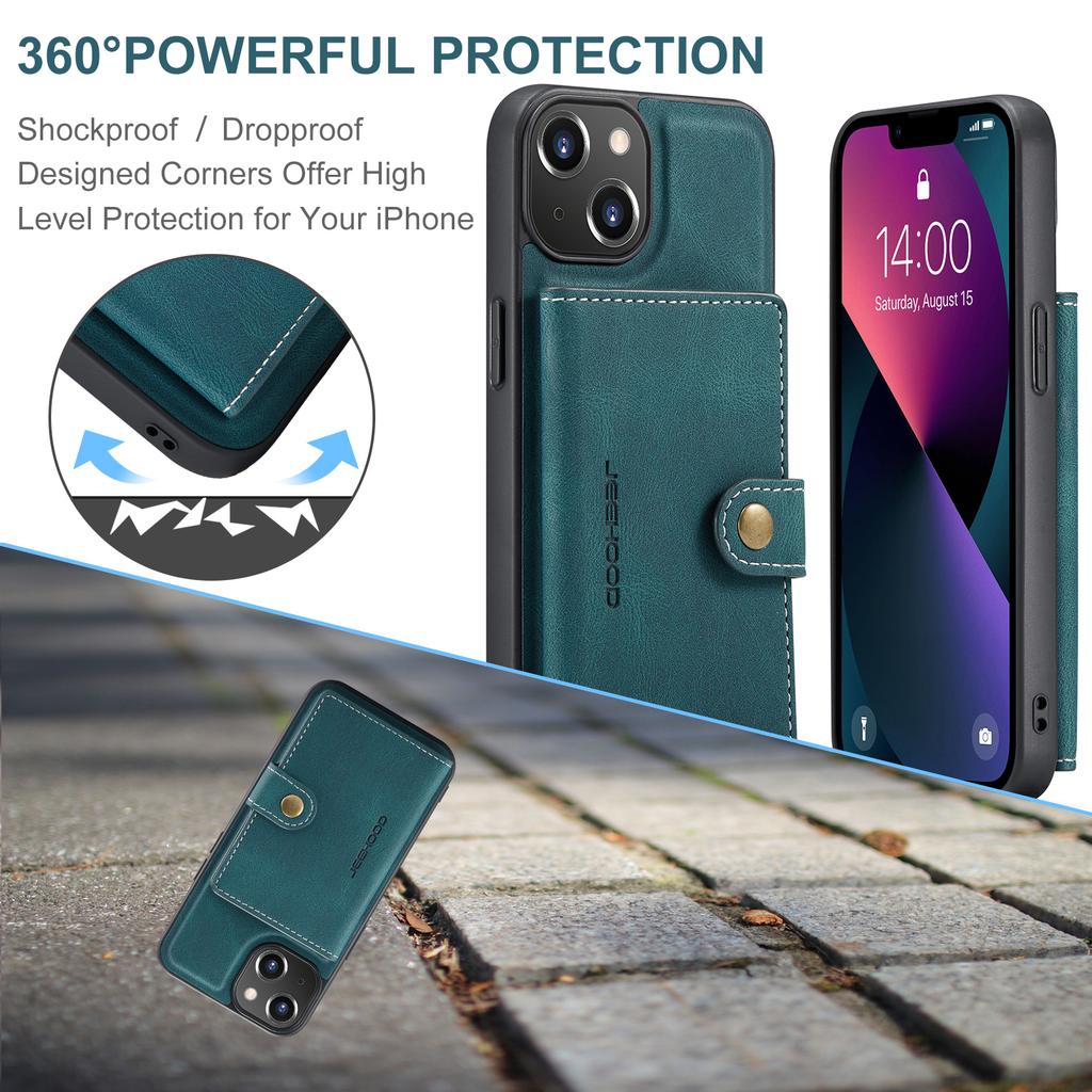 For iPhone 13 mini 5.4 inch Case JEEHOOD J01 Retro Leather Phone Back Cover with Detachable Magnetic Card Holder