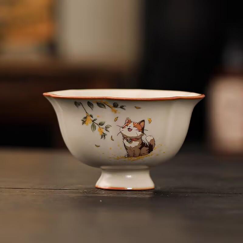 Beige Ru Kiln Teacup Cute Cute Cat Teacup Master Cup Girls Personal Tea Cup Tea Bowl Ceramic Tea Cup