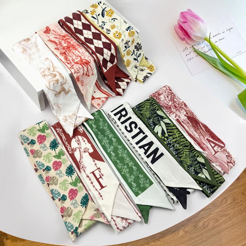 New Long Versatile Silk Scarf Tied Hair Band Bow Letter Floral Streamer Tied Bag Gift Small Silk Scarf