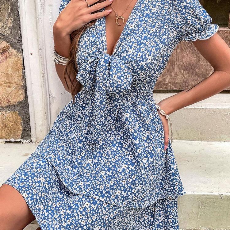Summer Women Floral Print High Waist Dress with Bow Detail V Neck Short Sleeve