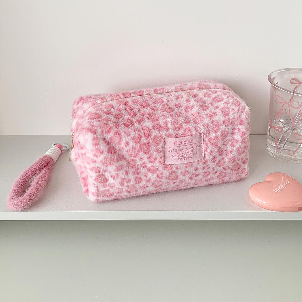 Plush Pink Color Leopard Print Schoolgirl Makeup Bag Large Cosmetic Tote Bag for Women Cute Portable Travel Hand Carry Organizer
