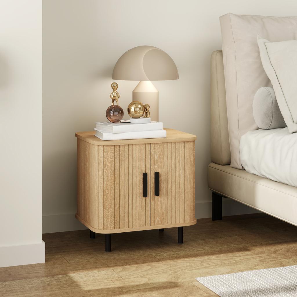 Nightstand with Louvered Doors and Steel Legs, for Bedroom and Living Room, Oak