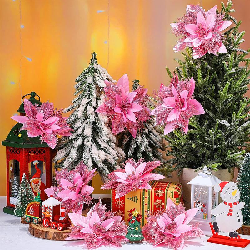 1bag 5pcs Christmas Decorations Glitter Polyester  Artificial Christmas Flowers for Christmas Tree Ornament Party Wreath Decor