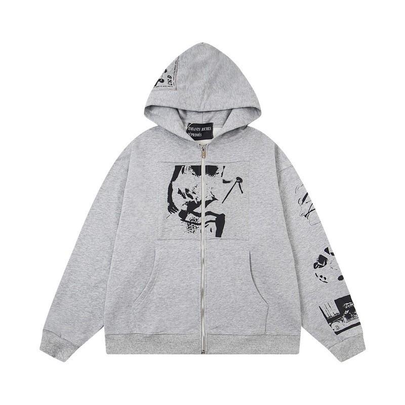 Mens Oversized Streetwear Hoodie With Distressed Zipper Graphic Print Cotton Long Sleeve Pullover Casual Wear