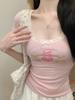 Sweet Cute T-shirts for Women Patchwork Lace Bow Kawaii Bear Summer Tees Short Sleeve Tops