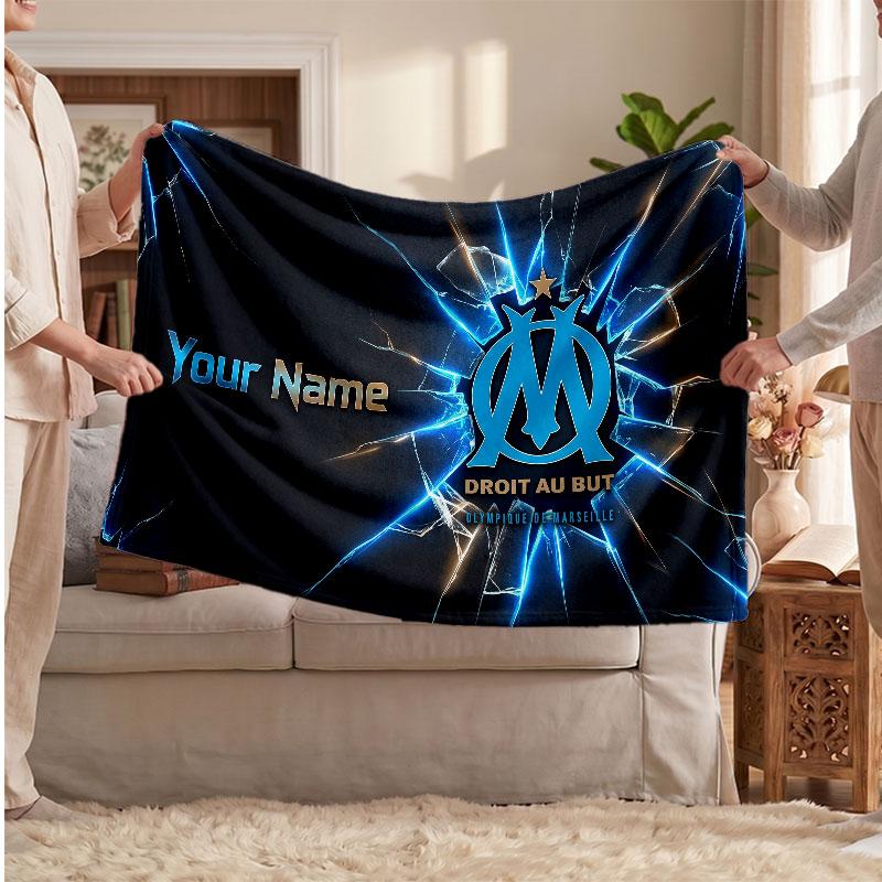 Olympique Marseille FC Personalized Fleece Blanket With Football Logo, Custom Name Text Soft Warm Home Throw Blanket