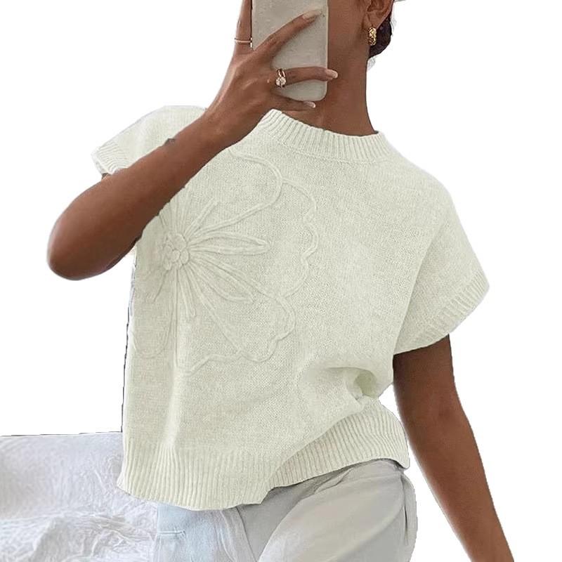 New European and American Loose Women's Sweater Solid Color Knitted Embroidered Sleeveless Vest