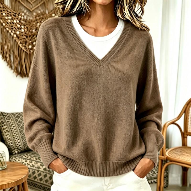 2026 Fall Womens Knit Sweater Casual V-Neck Fake Two-Piece Loose Drop Shoulder Long Sleeve