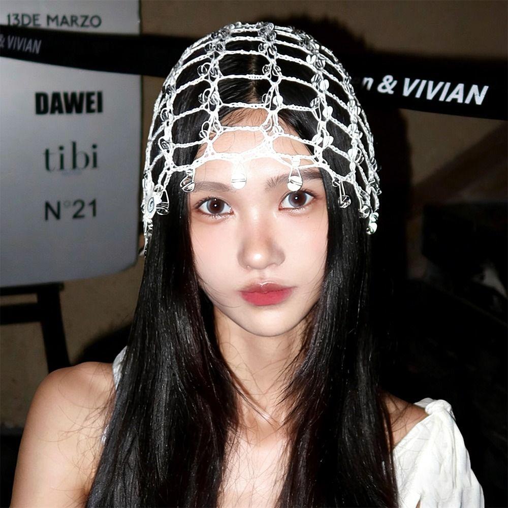 Handmade Chain Beaded Hats Punk Y2K Tassel Hollow Out Cap New Versatile Beanies Head Cover