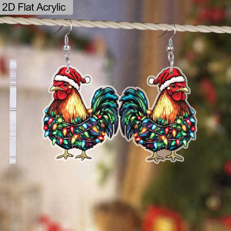 2D Flat Christmas Cartoon Christmas Hat Rooster Double-sided Pattern Earrings Jewelry Gift for Women Female
