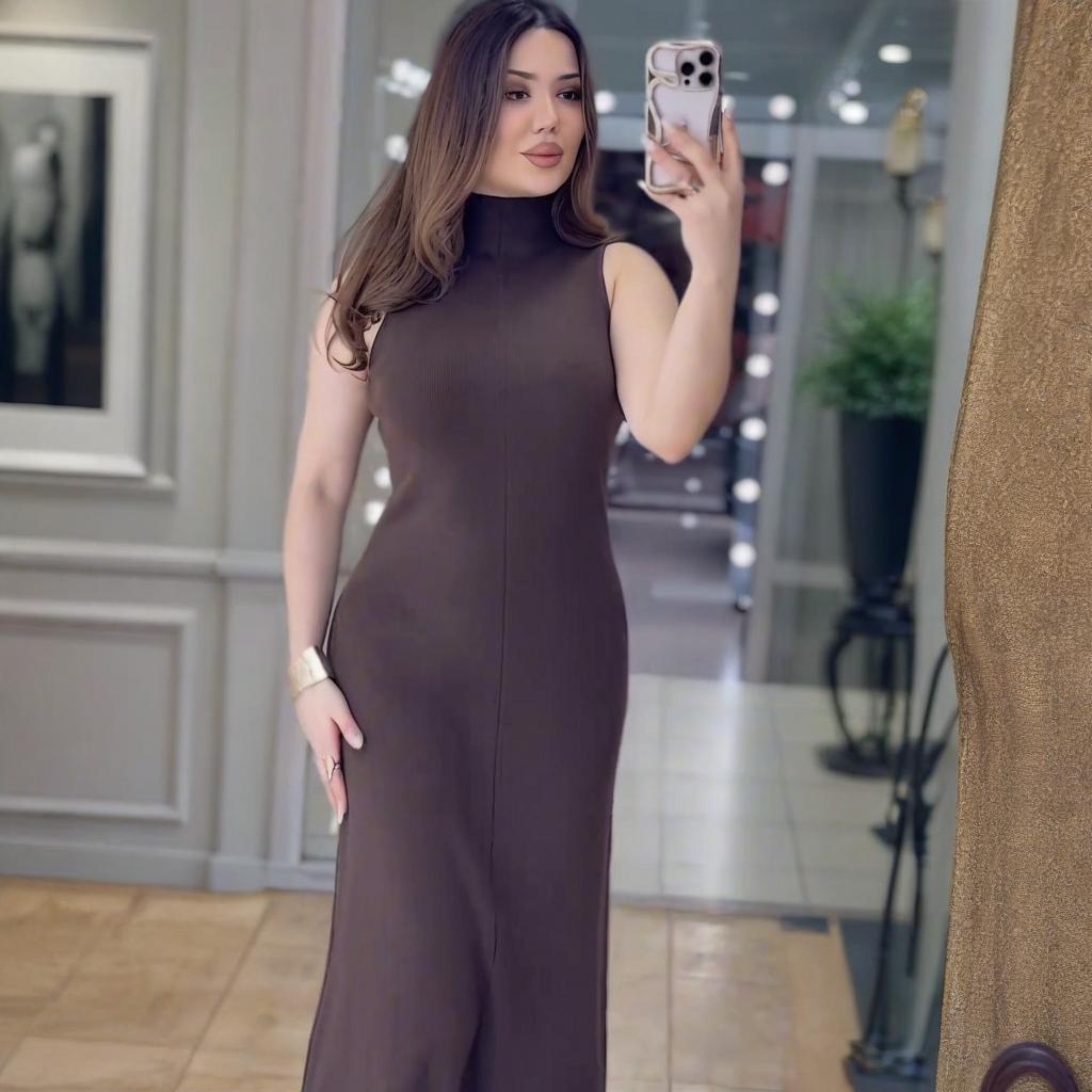 

Летнее европейско-американское платье 2025 года с высоким воротником, без рукавов, однотонное, приталенного силуэта, женское Extra Small каштановый