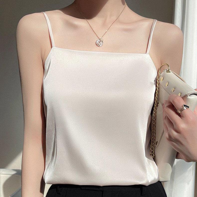 Satynowa kamizelka na ramiączkach, damski biały garnitur z letnim satynowym topem, jednolity kolor, luźny, swobodny top na ramiączkach