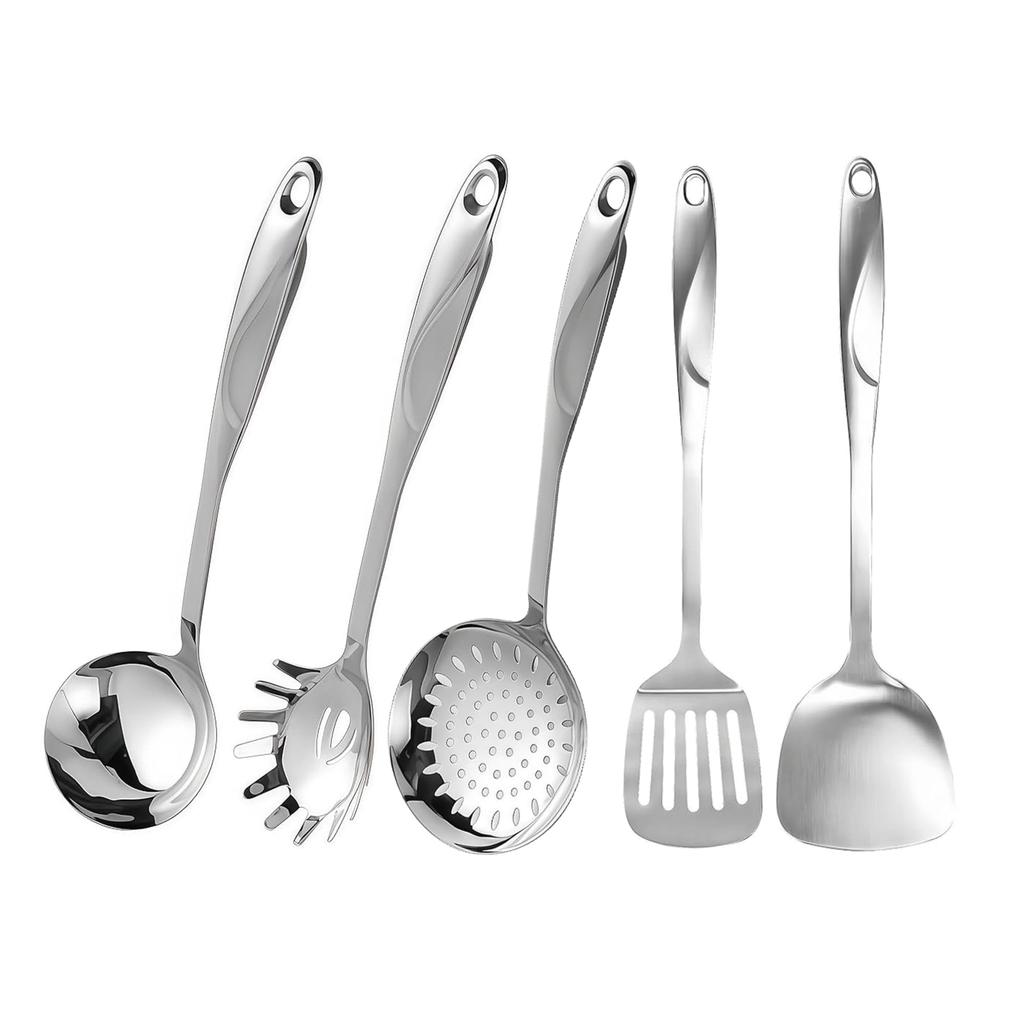 IMEEA 5-Piece Kitchen Utensil Set with Stainless Steel Spatula, Turner, Pasta Server, Ladle, and Dishwasher Safe