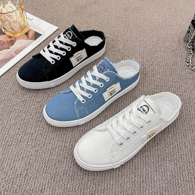 Spring and autumn new canvas shoes female students half drag lazy one pedal versatile breathable casual white shoes tide