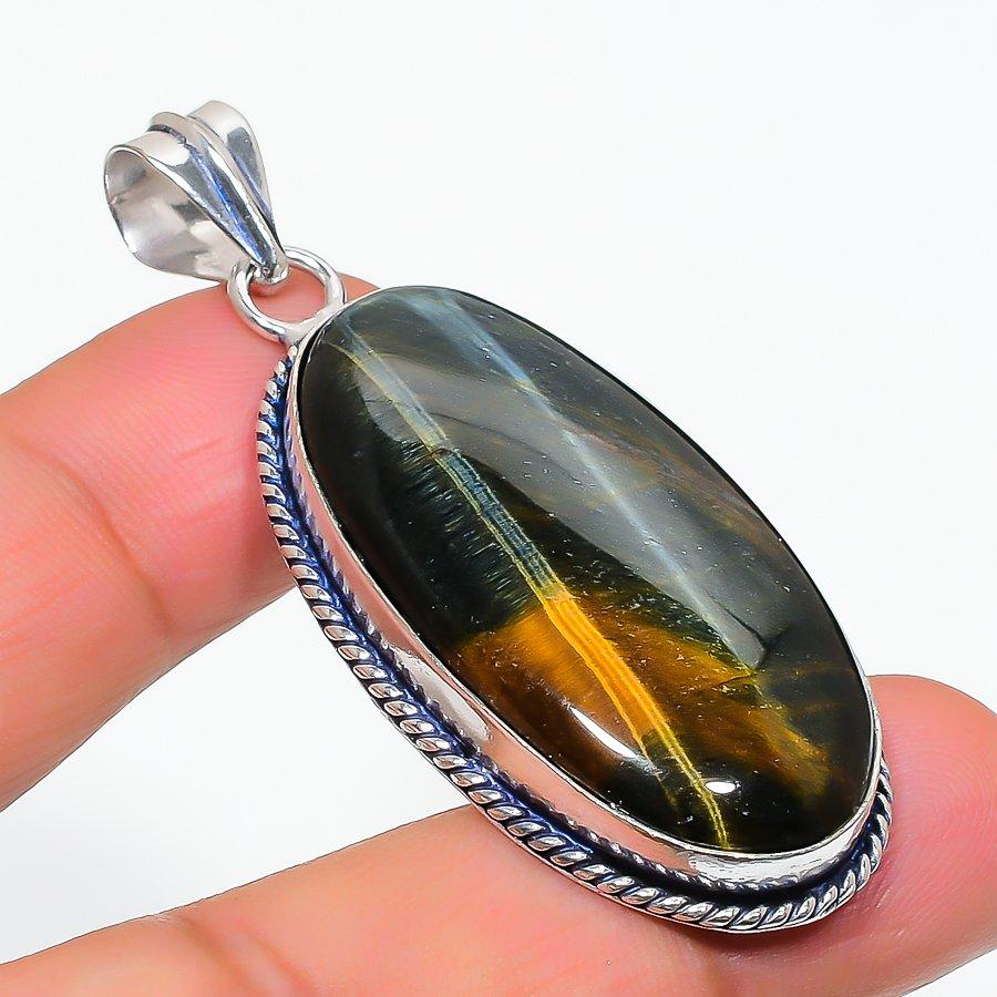 Natural Tiger Eye Gemstone Handmade 925 Steling Silver Jewelry Pendant 2.29" AP-17469