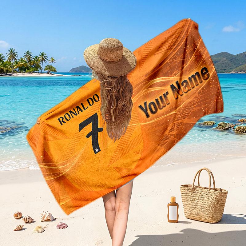 Cristiano Ronaldo Custom Beach Towel, Personalized Name Text Print, Football Logo Soft Quick‑Dry Towel Holiday Gift