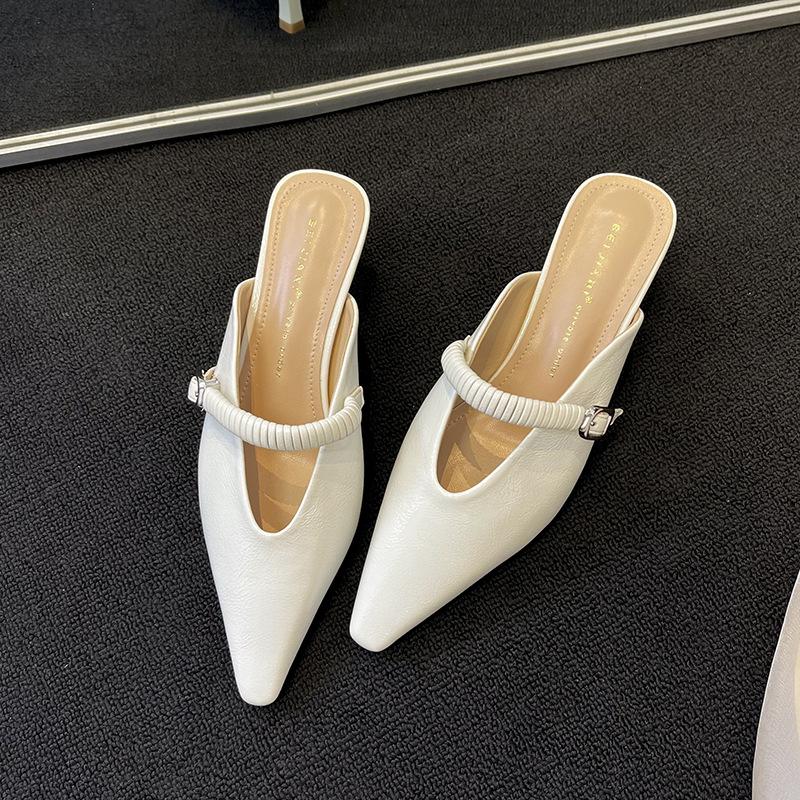 Versatile Temperament Baotou Sandals Women's Outer Wear Pointed Toe Thin Heel Half Slippers Medium Heel Mueller Shoes High Heels